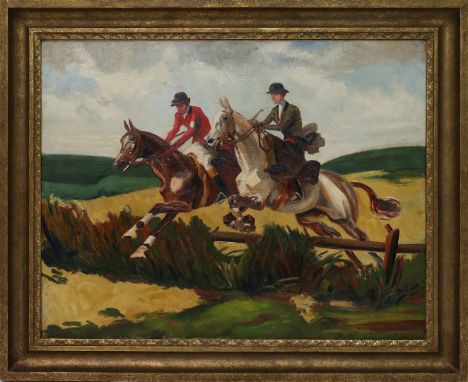 Unbekannter Maler (1. Hälfte 20. Jh.) Landschaft mit 2 über Zaun springenden Reitern. Öl/Lwd., re. u. unleserlich bez. oder d