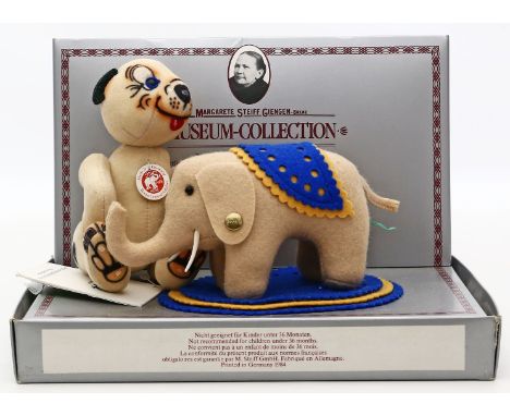 Elefant und Bonzo, Steiff. Filz. 1x Museums-Collection. Je mit ID's. Nahezu unbespielt. H. 8 bzw. 13 cm.