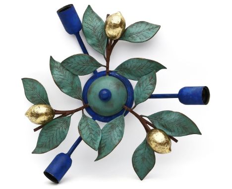 Vintage-Wand-/-Deckenleuchte, 3-flammig. Farbig patiniertes Bronzegestell mit plastischen Zitronen und Zweigen. Prägemarke CS