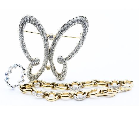 Armband, große Brosche und Ring, Swarovski. Doublé bzw. Ring  versilbert. Brosche in stilisierter Schmetterlingsform. Je mit 