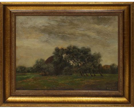 Unbekannter Maler (19./20. Jh.) Landschaft mit Bauernkate bei aufziehendem Gewitter. Öl/Lwd. (rest und auf Hartfaser doublier