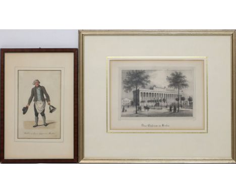 2 gerahmte Graphiken: Lithographie "Das Museum in Berlin" und kolorierte Radierung "Der Ausrufer der Auktionen" (gebräunt). V