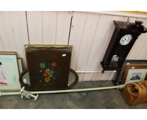 A modern mahogany wall clock, curtain pole and rings, two mirrors plus an oak fire screen