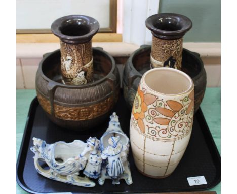 A Charlotte Rhead tube lined vase, four pieces of Bretby Pottery plus continental porcelain figural bowls