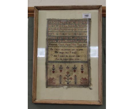A woven alphabet and tree sampler by Elizabeth Chase, aged 9, 1829, 11" x 7"