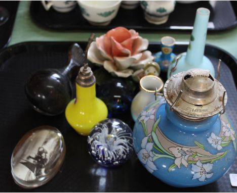 Ruby glass goblets plus other china and glass, two trays and a boxed Crown Royal tea set