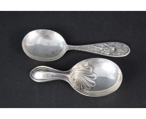 Two silver caddy spoons, one with nursery rhyme depicted