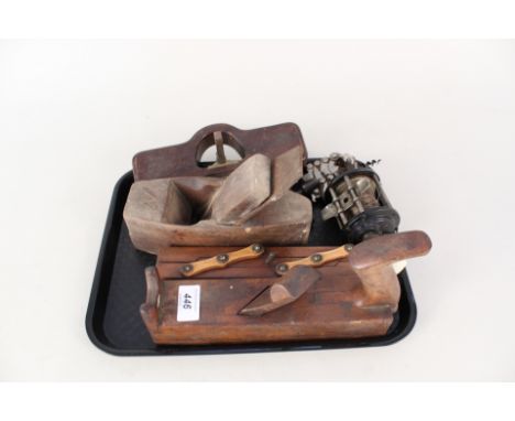 Three wooden planes, parallel expanding rule, Ocean City fishing reel plus an expanding corkscrew