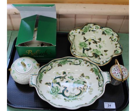 Belleek honey pot and sucrier, two Masons chartreuse dishes plus a Halcyon Days pot pourri