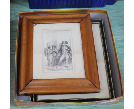 Two framed and glazed etchings of Norwich, a Persian watercolour plus a sketch of a Naval Officer
