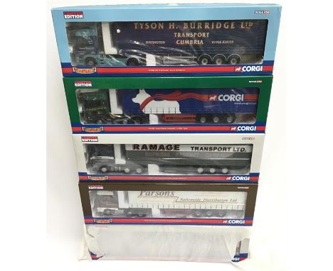 Five Corgi Hauliers of Renown 1/50 scale models: CC13221 DAF XF Space Cab Curtainside - Parsons Nationwide Distribution; CC13