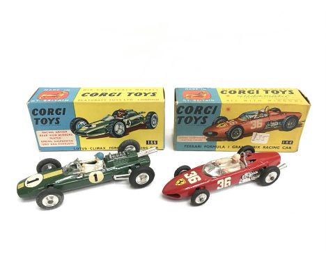 Two Corgi Toys Formula 1 racing cars: 154 Ferrari (G/VG in G/VG box with price sticker); 155 Lotus-Climax (VG, crack to winds