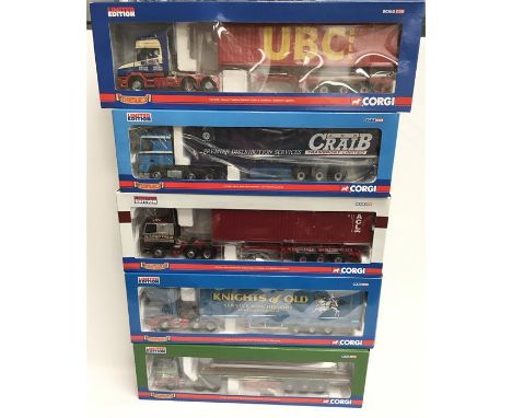Five Corgi 1/50 scale Hauliers of Renown models: CC13706 Scania R Series Step Frame Curtainside Trailer - Knights of Old; CC1