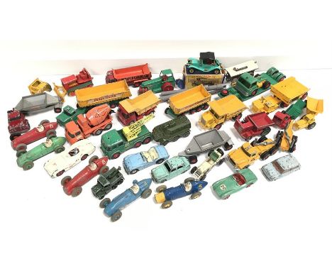 Quantity of Dinky, Matchbox and other models, includes Dinky racing cars and a Spot-On Triumph. Overall playworn and unboxed.