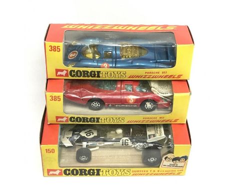 Three Corgi Whizzwheels racing cars: 150 Surtees T.S.9 F1 Racing Car; 2 x 385 Porsche 917 (one red, the other blue). Overall 