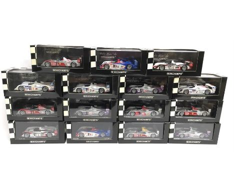 15 x Minichamps 1/43 scale Audi R8 models: #400 041302; #400 051304; #400 051301; #400 051303; #400 051394; #400 041308; #400