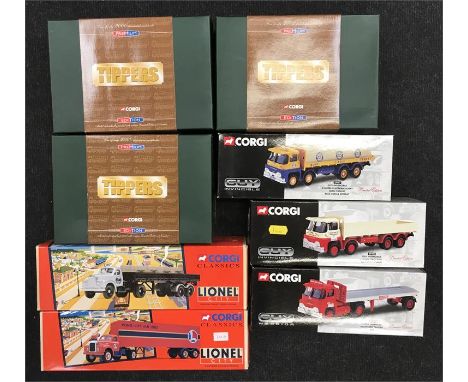 Eight Corgi Classics 1/50 scale models: 3 x Tippers Premium Edition models (CC10102; CC10504; CC10602); 2 x Lionel City (#535