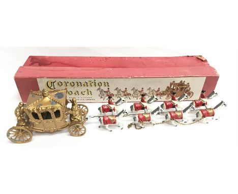 Matchbox early Lesney Toys large scale Coronation Coach: gold coloured coach with Queen figure, white drawbar and eight horse