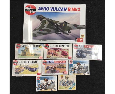 Nine Airfix RAF plastic model kits/ figure sets. Appear overall E-M and all boxed. 