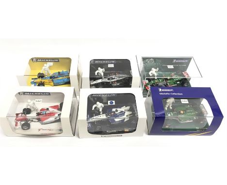 Six Minichamps 1/43 scale Michelin F1 racing car models: Jaguar R4 A. Pizzonia; Jaguar Racing R5 M.Webber; McLaren Mercedes M