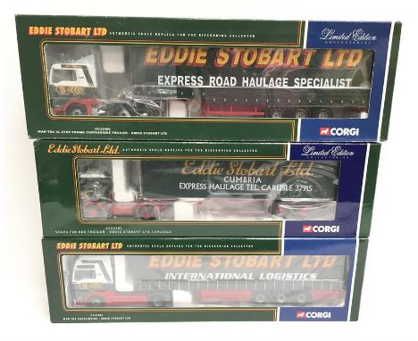 Three Corgi 1/50 scale Eddie Stobart trucks: CC13401 MAN TGA Curtainside; CC13101 Volvo F88 Box Trailer; CC13405 MAN TGA XL S