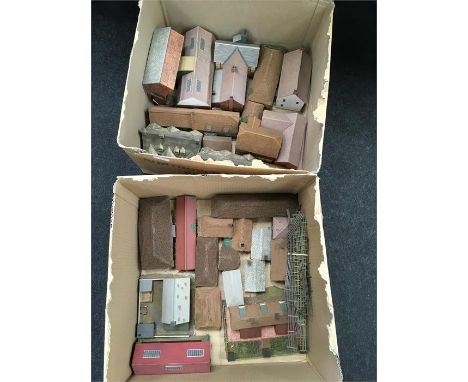 2 x Boxes containing a quantity of well made Kit/Scratch built card and plywood Farm Buildings, Farm outbuidings, Cottages et