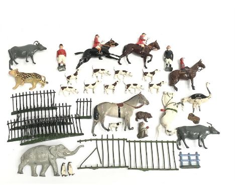 Selection of Britains and other lead figures, includes: Britains Hunting Series 2 x Mounted Huntsman, 1 x Standing Huntswoman