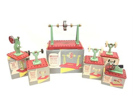 Six Mamod Live Steam Accessories: Line Shaft; 2 x Miniature Polishing Machine (two box variations); Model Power Hammer; Model