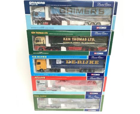 Five Corgi 1/50 scale trucks: CC13107 Volvo F88 Sheeted Flatbed Trailer - Pollock Scotrans Ltd.; CC13204 DAF XF Space Cab Cur