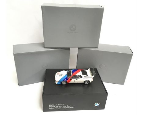 Three BMW 1/43 scale models: Arrows BMW A8, G.Berger; BMW M1, M.Andretti; BMW M1, N.Lauda. Appear M in presentation boxes wit