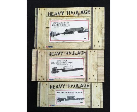 Three Corgi 1/50 scale Heavy Haulage models: CC13209 DAF XF Ballasted Tractor, Nicholas Bogies & Load - TSL; CC11909 ERF EC S