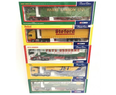 Five Corgi 1/50 scale modern trucks: CC12418 Volvo FH12 Globetrotter Curtainside - Harry Lawson Ltd.; CC12702 ERF ECS Curtain