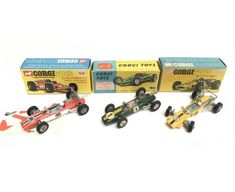 Three Corgi Toys Formula 1 racing cars: 158 Lotus-Climax (VG/E with inner card and instructions in E box); 155 Lotus-Climax (