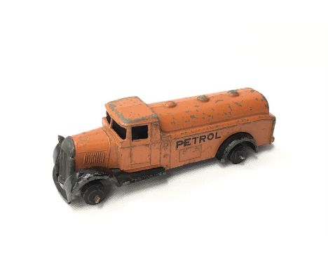 Dinky Toys 25d Petrol Tank Wagon in orange with 'PETROL' to sides and type 4 black moulded chassis. F/P, missing tyres and on