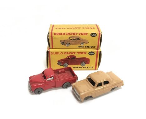 Two Dinky Dublo models: 61 Ford Prefect (G/VG in F box missing one inner end flap); 65 Morris Pick-Up (G in G+ box). 