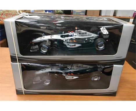 Two Paul's Model Art Minichamps 1/18 scale West McLaren Mercedes F1 racing cars, Club Edition: West, RN '3'; West, RN '4'. M 