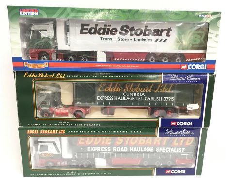 Three Corgi 1/50 scale Eddie Stobart trucks: CC13201 DAF XF Super Space Cab Curtainside; CC12607 Scammell Crusader Tautliner 