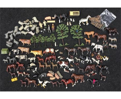 Quantity of Britains, Johillco and other lead farm animals, trees and fencing, includes Britains Shepherd. Conditions vary G-