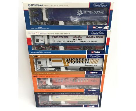 Five Corgi 1/50 scale trucks: CC12918 Scania Topline Fridge Trailer - Pentons Haulage; CC13205 DAF XF Space Cab Fridge Traile