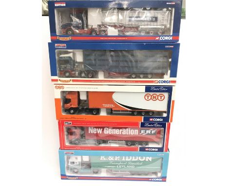 Five Corgi 1/50 scale modern trucks: CC12701 ERF ECS Curtainside - ERF New Generation; CC12111 Renault Premium Step Frame Box