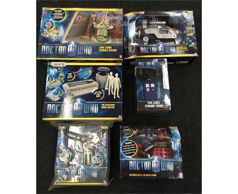 Six Character Doctor Who items/ playsets: Junk Tardis Console Playset; Electronic QLA Anti-Time Device; The Flesh Bowl Figure