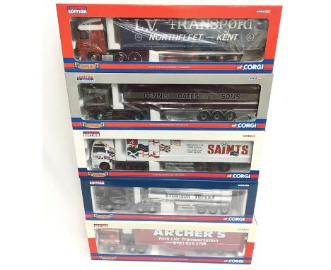 Five Corgi Hauliers of Renown 1/50 scale models: CC12814 Scania T Cab General Purpose Tanker - Atchison Topeka Ltd.; CC13406 