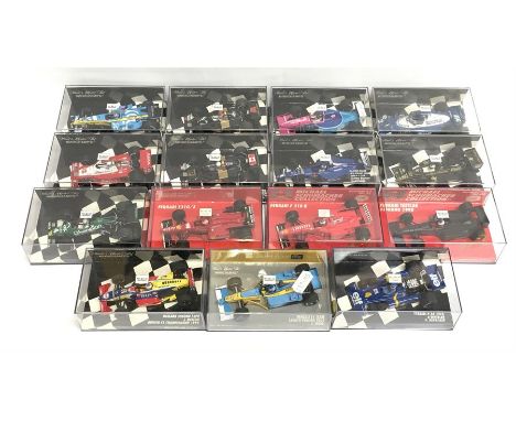 15 x Minichamps 1/43 scale Formula 1 racing cars: #400 020084; #430 990018; #400 045412; #400 780032; #400 990306; #400 83000