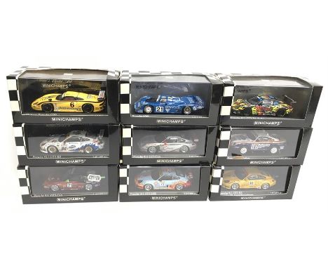 Nine Minichamps 1/43 scale Porsche models: #400 036866; #400 066981; #400 046205; #400 066473; #400 046979; #430 836521; #400