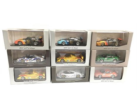 Nine Minichamps 1/43 scale Porsche models: 5 x 911 GT3 Cup; 2 x RS Spyder; 2 x 911 GT1. M and boxed with outer card sleeves. 