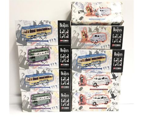 Nine Corgi Classics The Beatles Collection models: 3 x #35302 Bedford Val Magical Mystery Tour Bus; 2 x #35006 AEC Routemaste