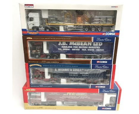 Four Corgi 1/50 scale modern trucks: CC11906 ERF EC Curtainside - J.B. McBean Ltd.; CC13109 Volvo F88 Tautliner - Andrew Wish
