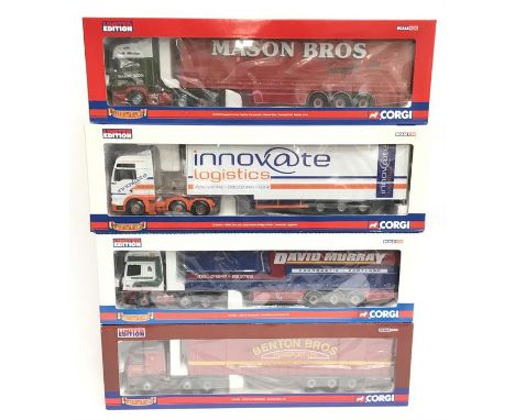 Four Corgi 1/50 scale Hauliers of Renown models: CC14005 Volvo FH Curtainside - Benton Bros. Ltd.; CC13229 DAF XF Curtainside