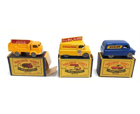 Three Moko Lesney Matchbox 1-75 series models: 42 Evening News Van (VG, decal missing on one side, in G/VG box); 25 Dunlop Va