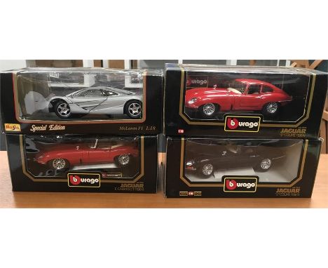 Three 1/18 scale Bburago Jaguar and one Maisto McLaren F1 diecast models. E-M and boxed. (4)